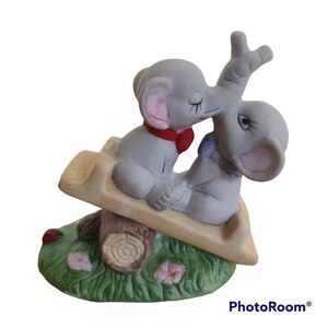 Vintage Artmark Bisque Porcelain Figurine Elephants Entwined Trunks On Seesaw